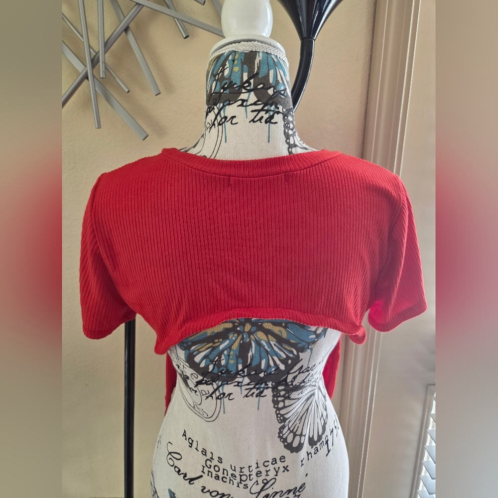 Rebellious Dreamer Ribbed Drawstring Crop Top - Red - Size M - Picture 2 of 2